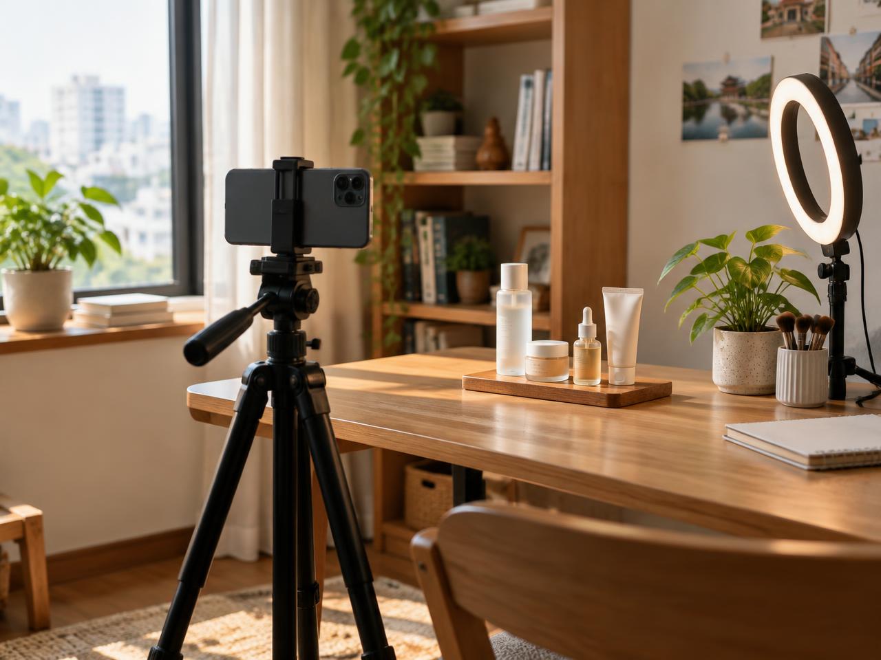 Minh hoạ góc quay tại nhà với điện thoại trên tripod và đèn vòng